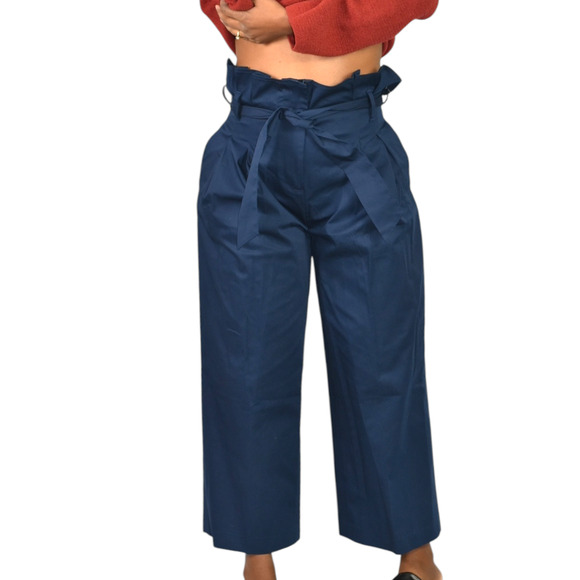 M Martin Pants Blue Cotton Sateen Trousers Wide Loose Straight Crop Paperbag 2 - Picture 8 of 14